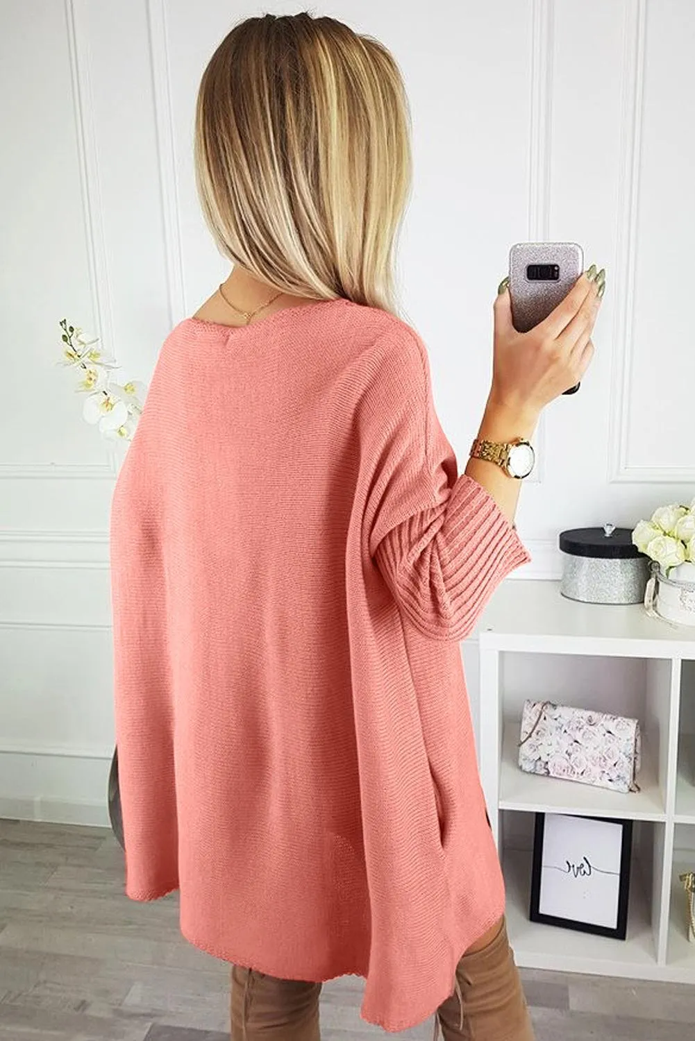 Pink Oversized Batwing Sleeve Sweater Dress