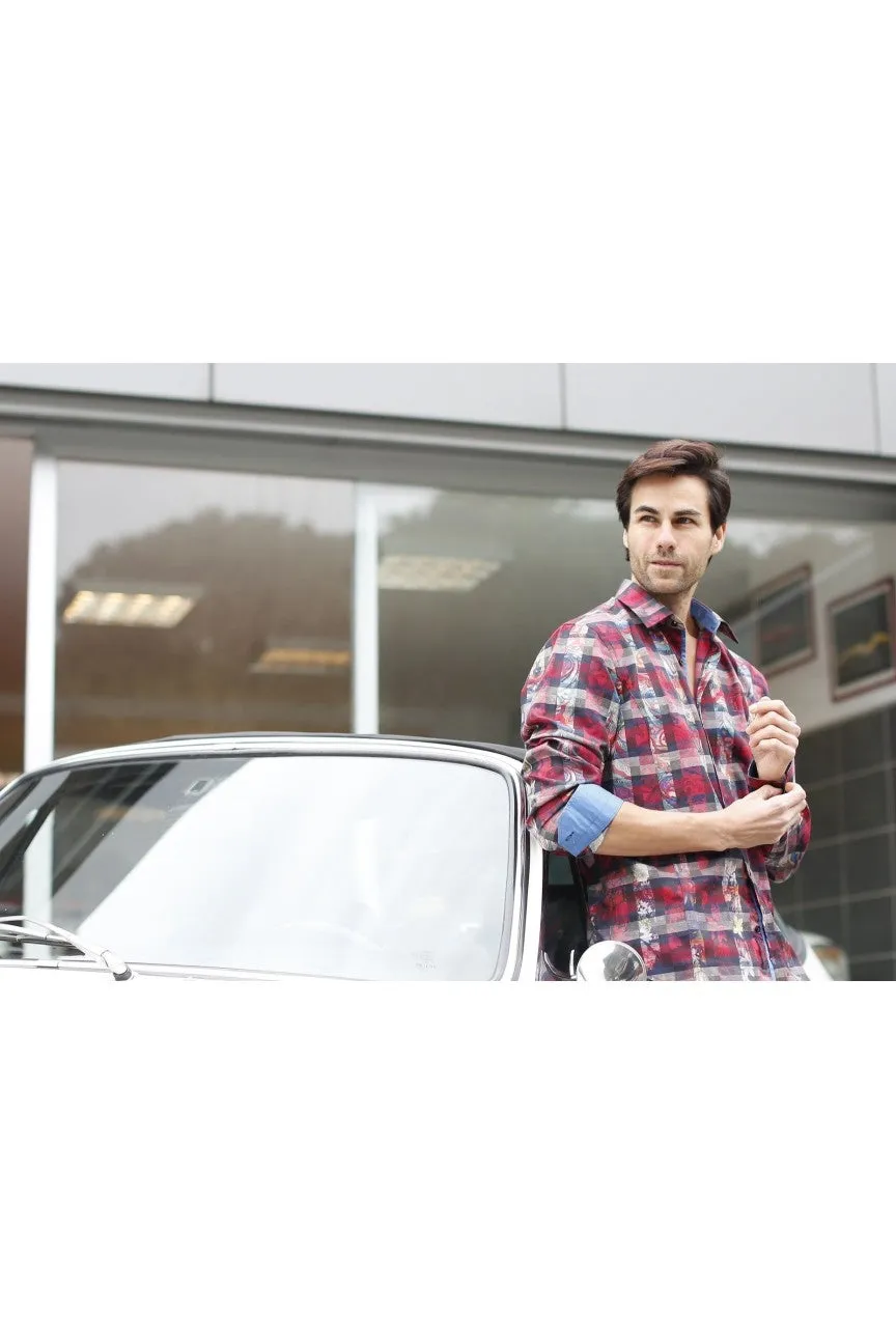 Red Button Down Print Shirt