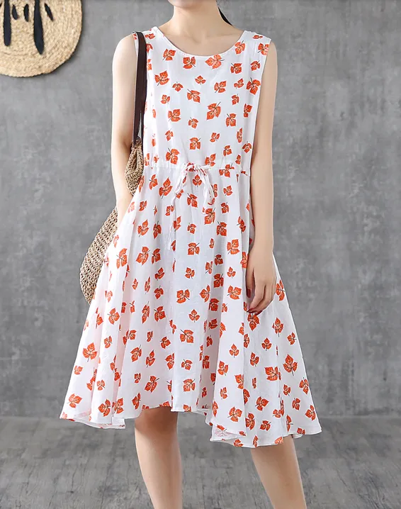 Red Floral Short Sleeve Summer Spring Linen Women Dresses DZA20665