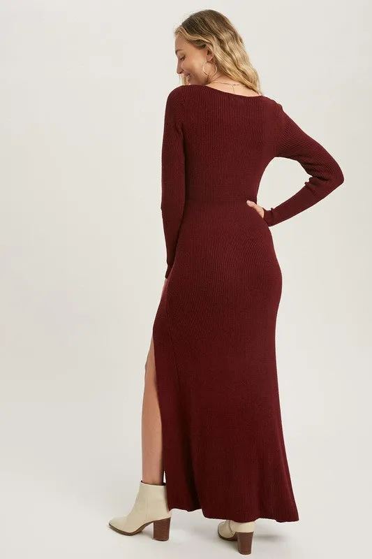 Red High Slit Maxi Knit Dress