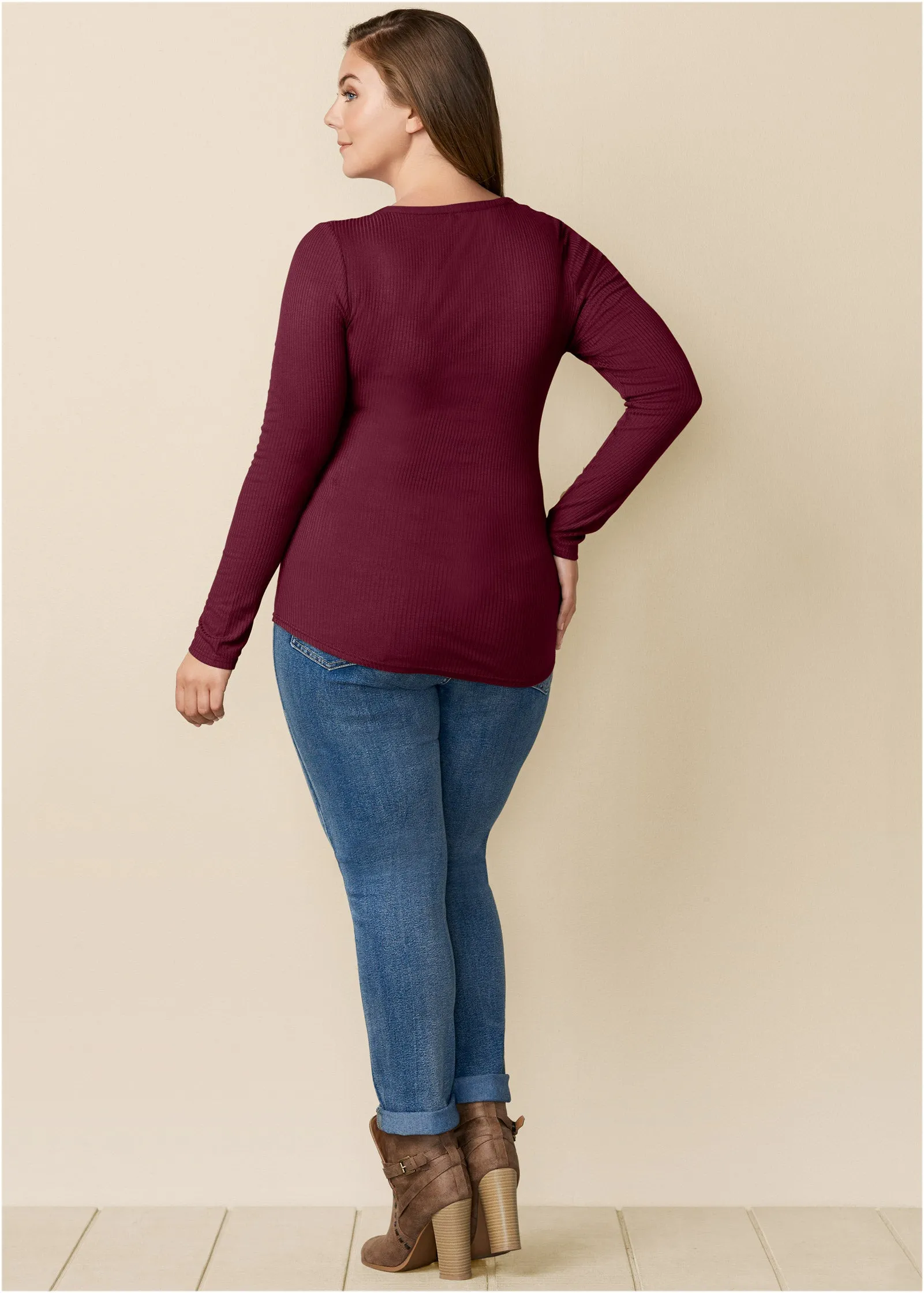 Ribbed Henley Top - Wine