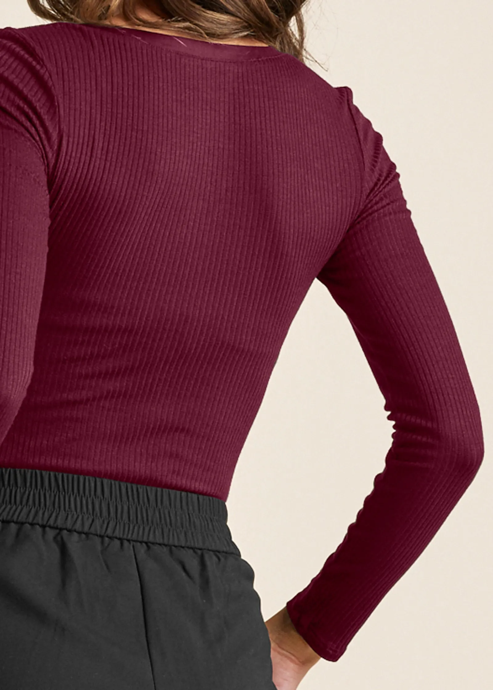 Ribbed Henley Top - Wine