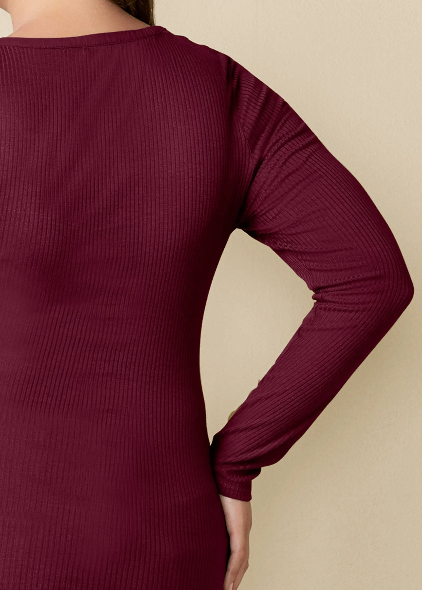 Ribbed Henley Top - Wine