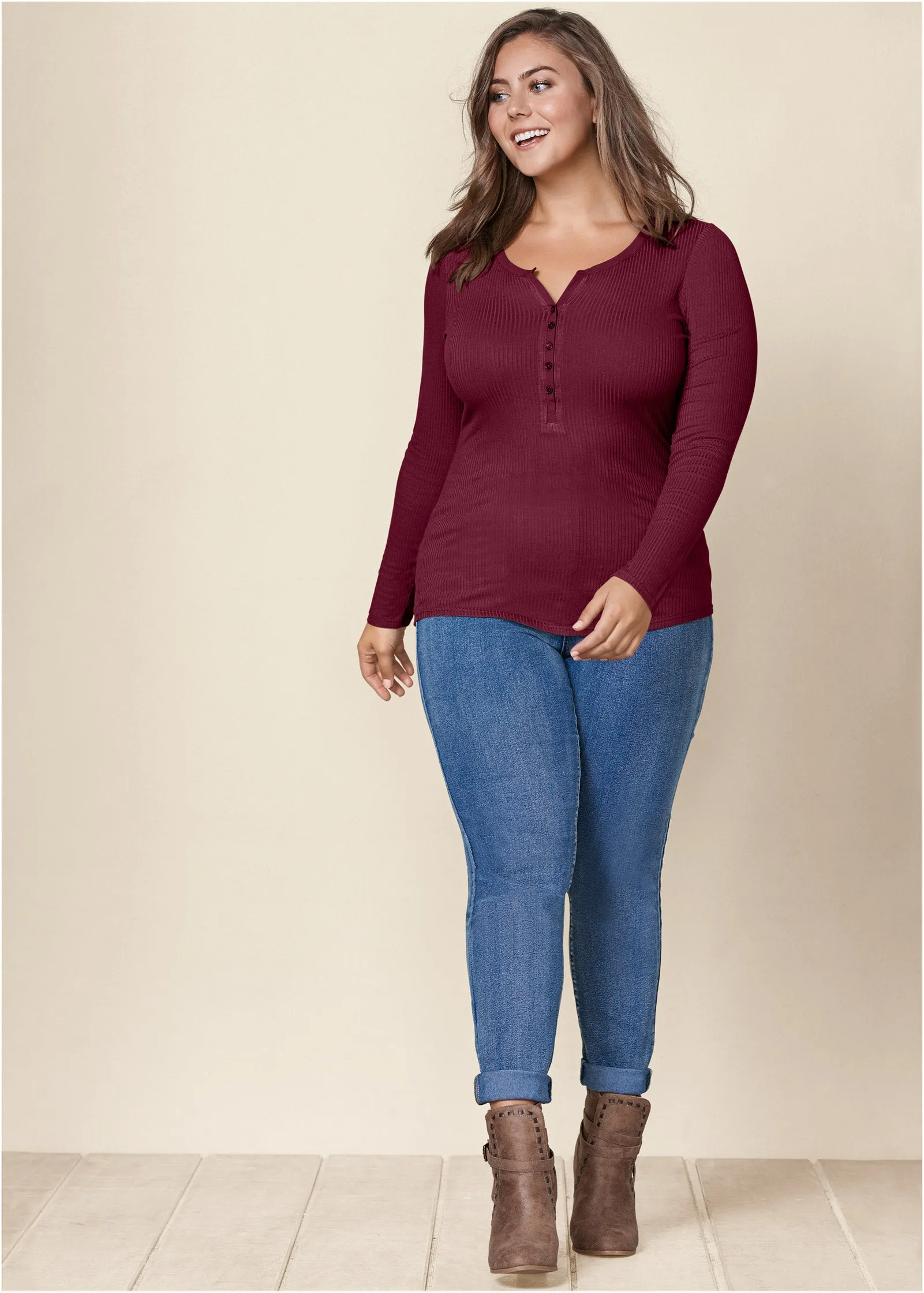 Ribbed Henley Top - Wine