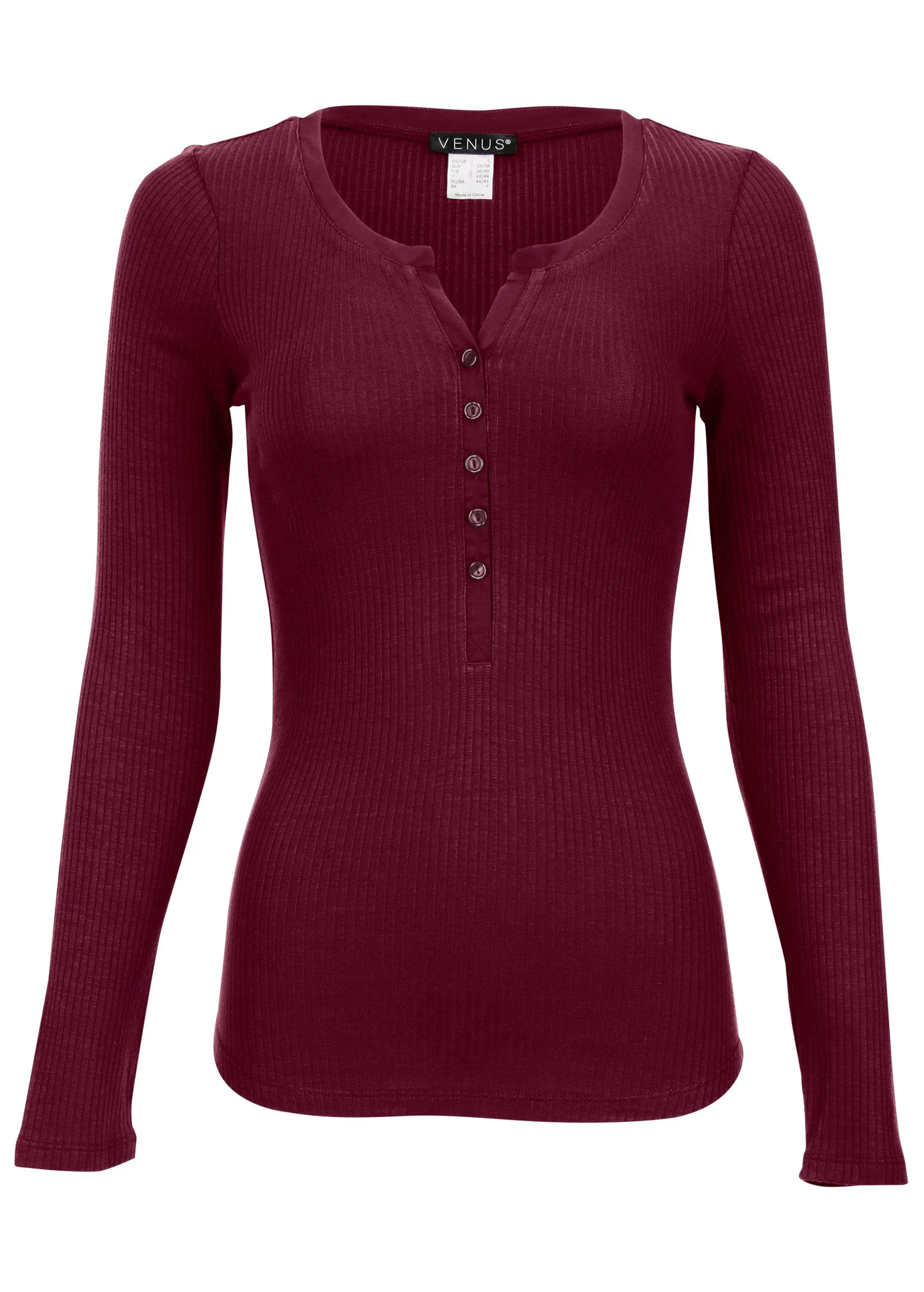 Ribbed Henley Top - Wine