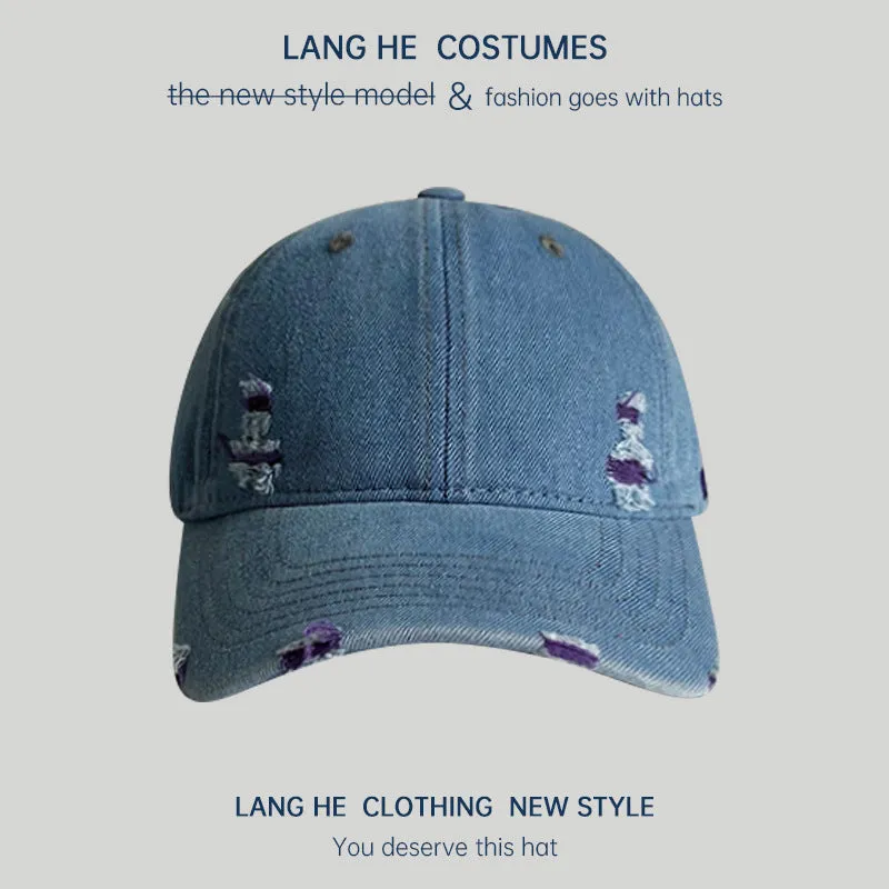 Ripped denim baseball cap for women showing off their face, small washed and distressed soft top men's peaked cap, spring and autumn casual all-match hat