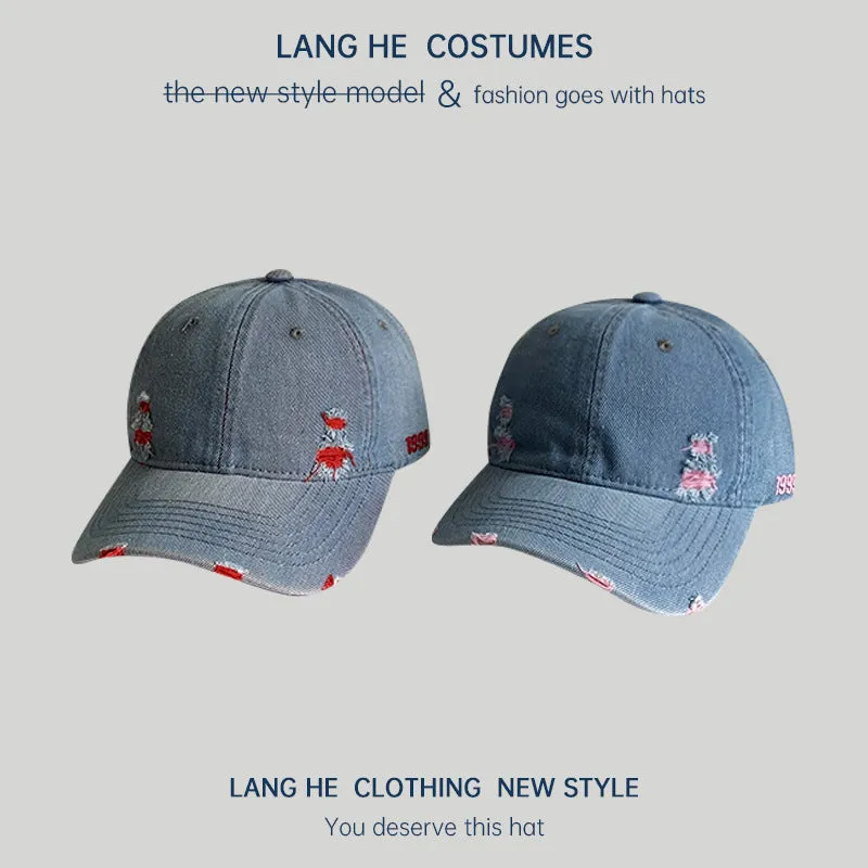 Ripped denim baseball cap for women showing off their face, small washed and distressed soft top men's peaked cap, spring and autumn casual all-match hat