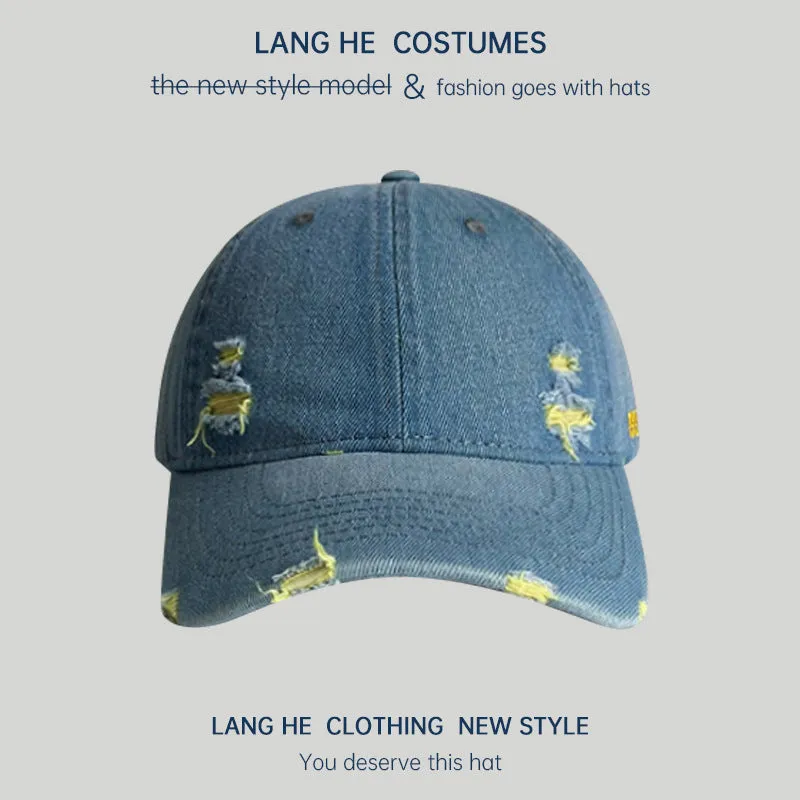 Ripped denim baseball cap for women showing off their face, small washed and distressed soft top men's peaked cap, spring and autumn casual all-match hat