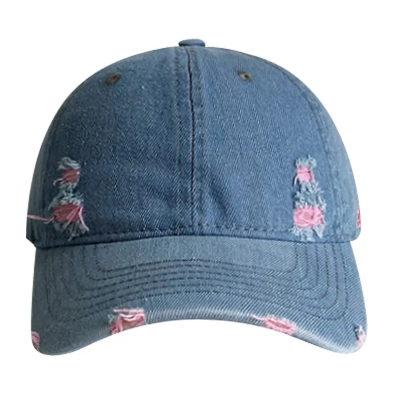 Ripped denim baseball cap for women showing off their face, small washed and distressed soft top men's peaked cap, spring and autumn casual all-match hat