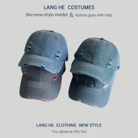 Ripped denim baseball cap for women showing off their face, small washed and distressed soft top men's peaked cap, spring and autumn casual all-match hat