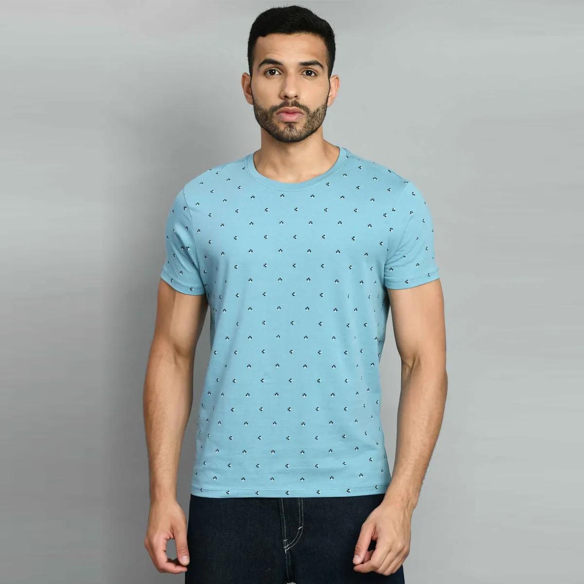 Sky Blue Printed Round Neck T-Shirt