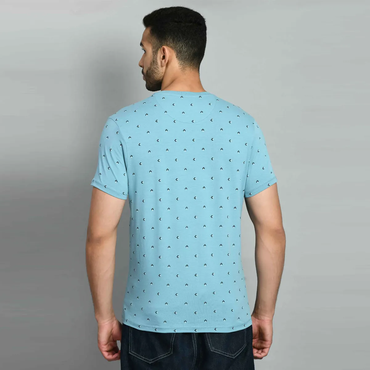 Sky Blue Printed Round Neck T-Shirt