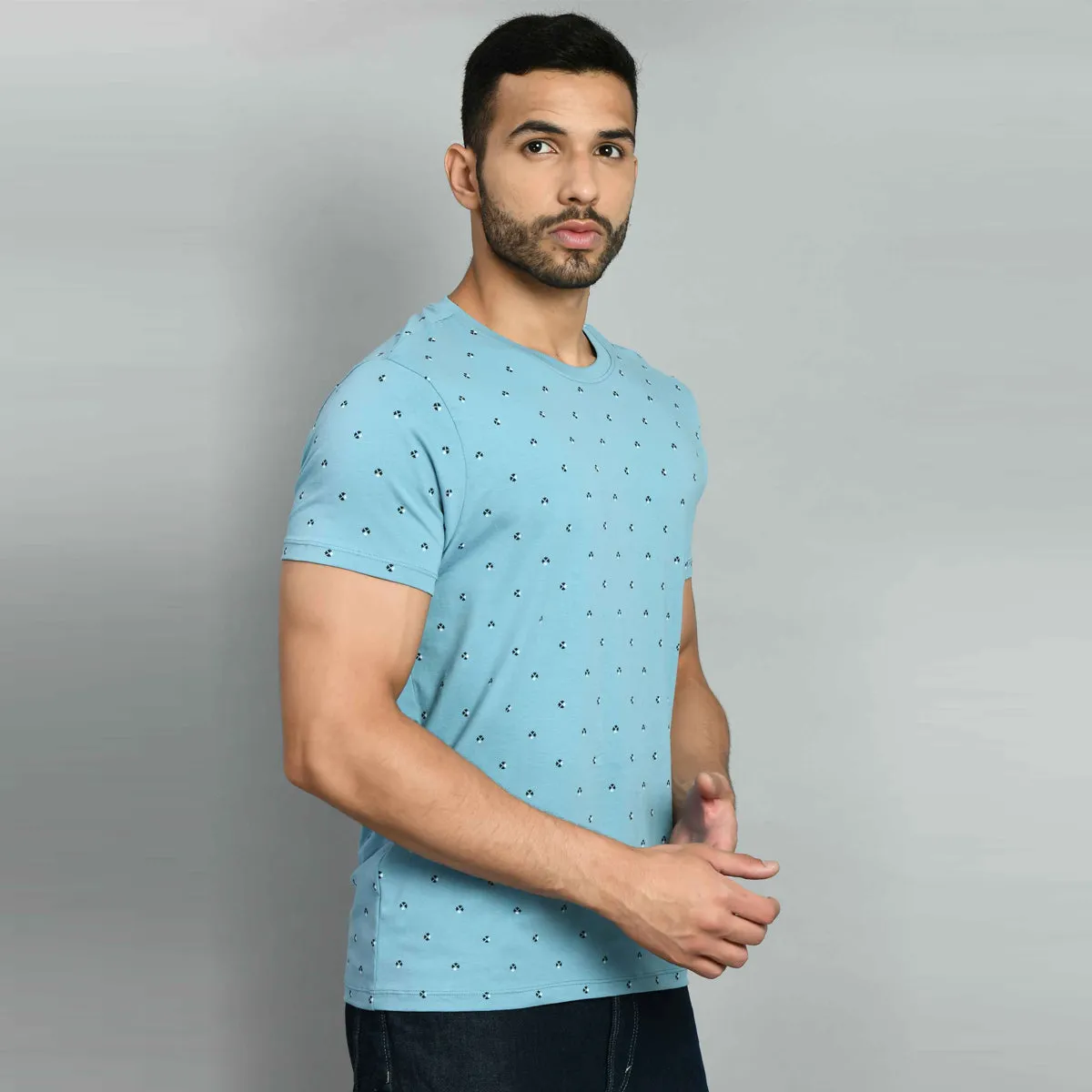 Sky Blue Printed Round Neck T-Shirt