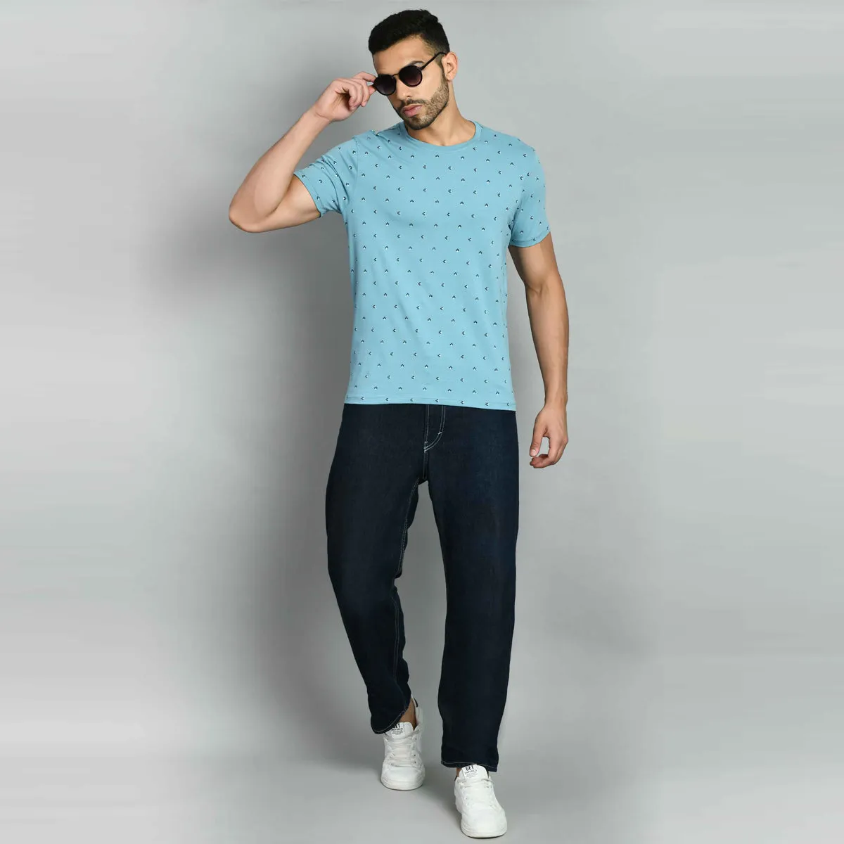 Sky Blue Printed Round Neck T-Shirt