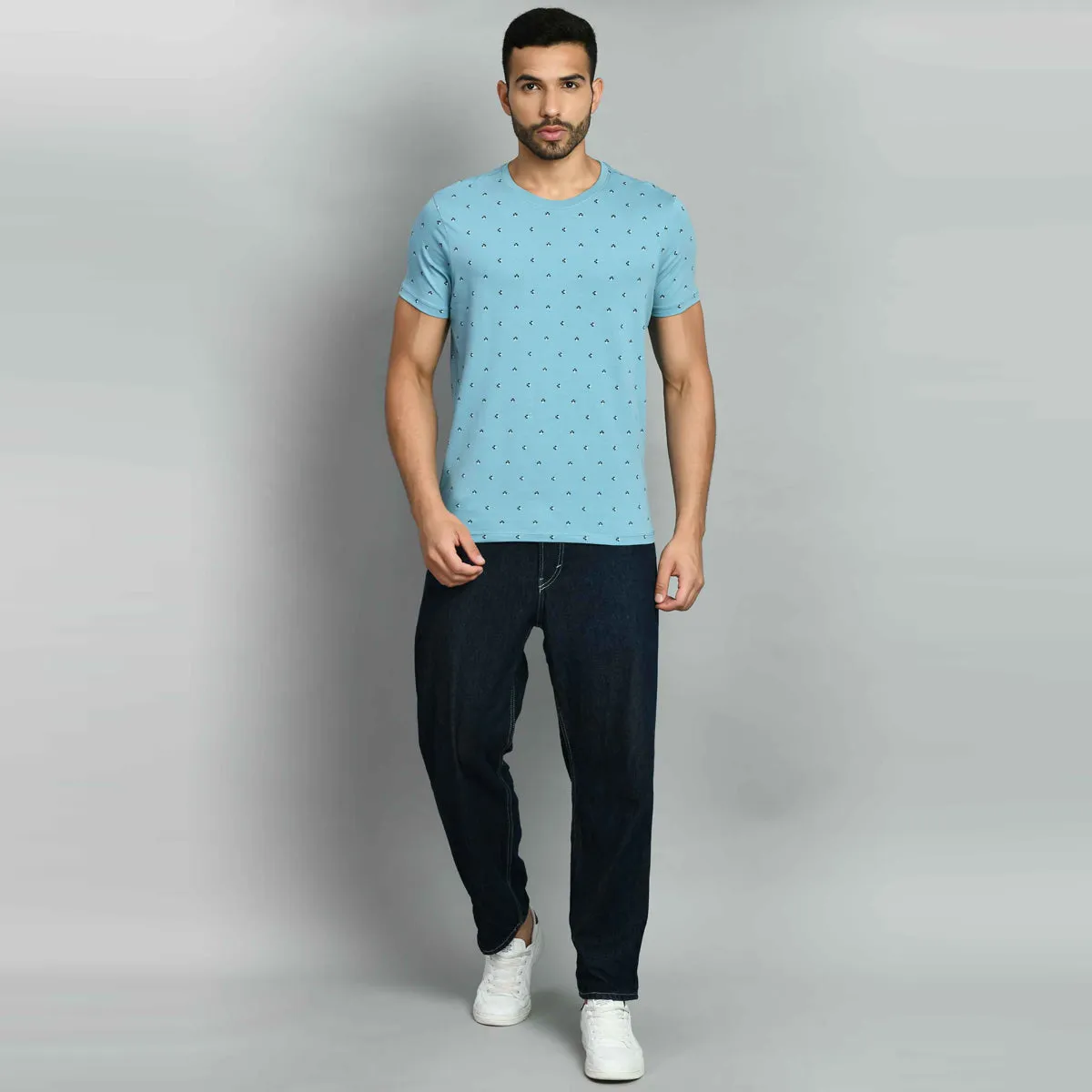 Sky Blue Printed Round Neck T-Shirt