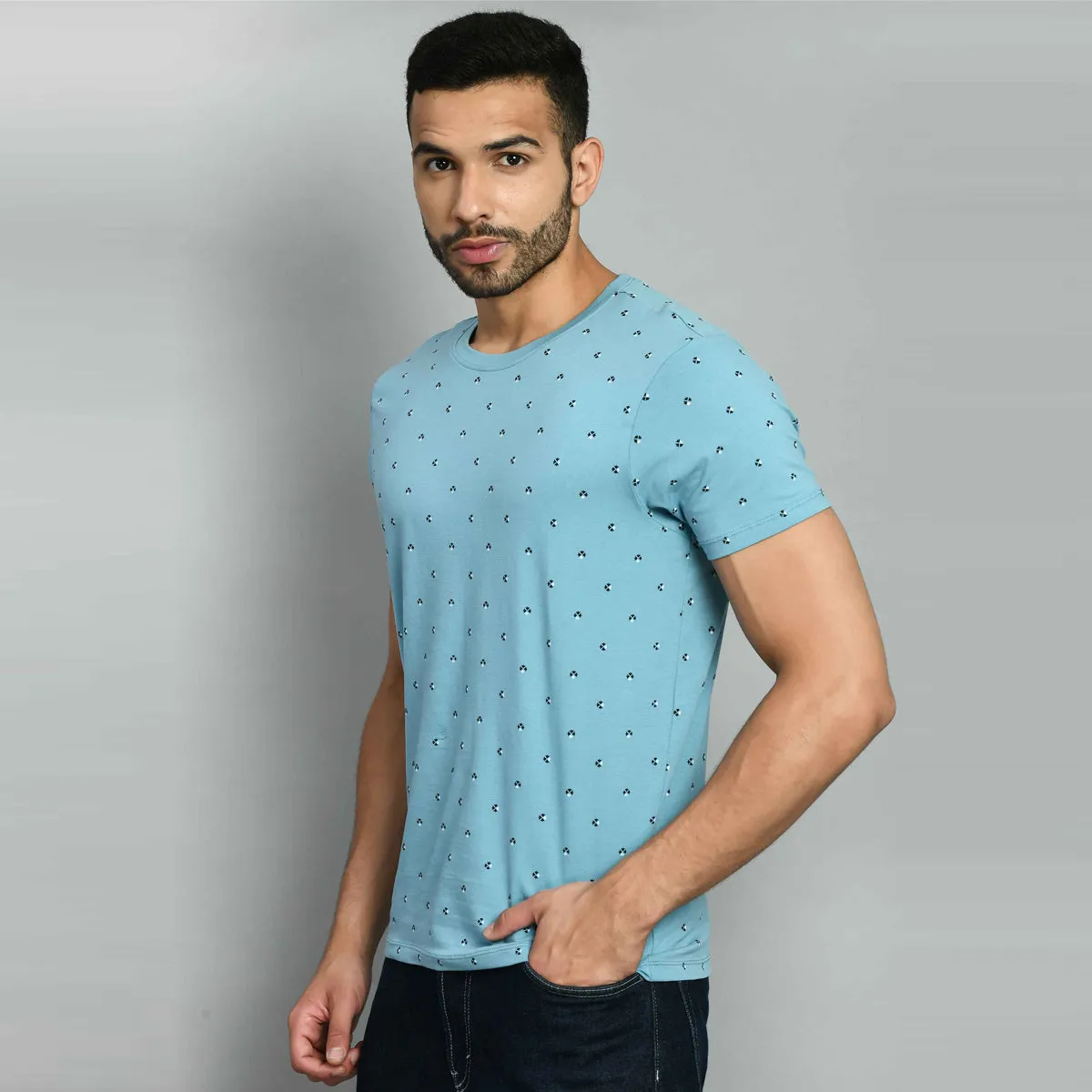 Sky Blue Printed Round Neck T-Shirt