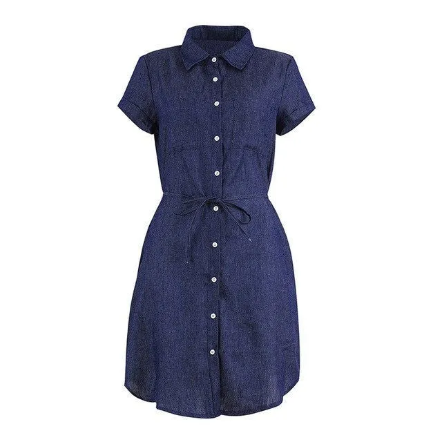 Sleeveless Deep V-neck Collared Denim Mini Dress with Belt