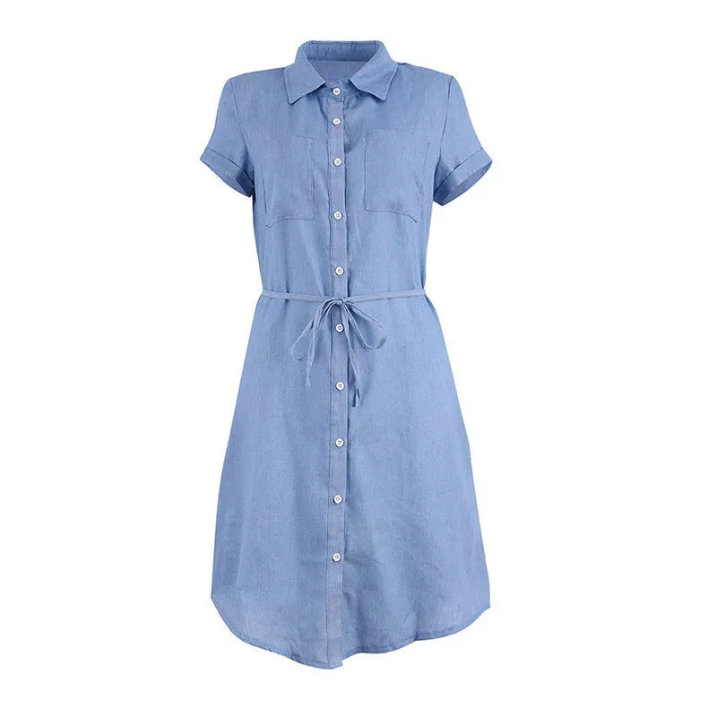 Sleeveless Deep V-neck Collared Denim Mini Dress with Belt