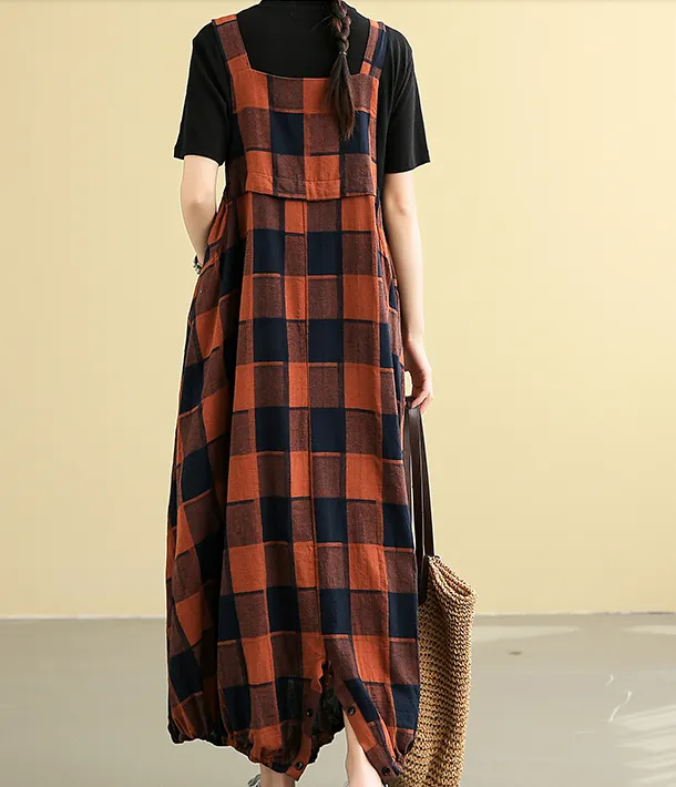 Sleeveless Strap Plaid Summer Linen Sprng Women Dresses QJ050878