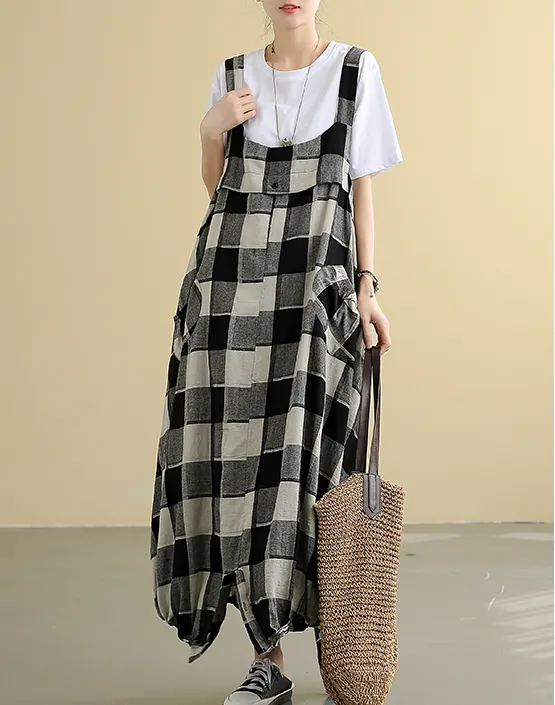 Sleeveless Strap Plaid Summer Linen Sprng Women Dresses QJ050878