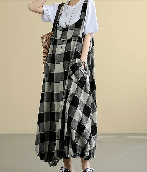 Sleeveless Strap Plaid Summer Linen Sprng Women Dresses QJ050878