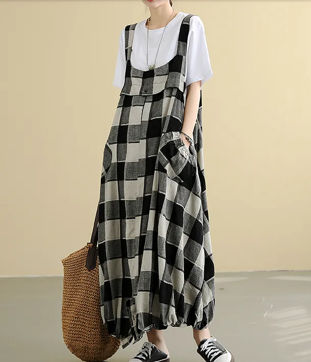 Sleeveless Strap Plaid Summer Linen Sprng Women Dresses QJ050878