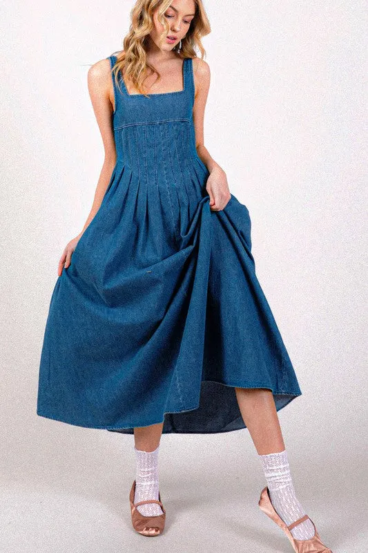 Square Neck Smocking Back Detail Denim Midi Dress