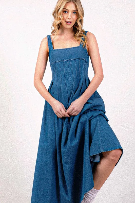 Square Neck Smocking Back Detail Denim Midi Dress