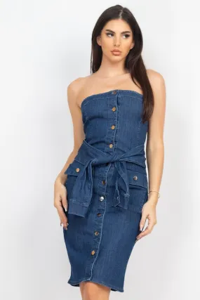 Strapless Sleeve Waist Tie Denim Dress