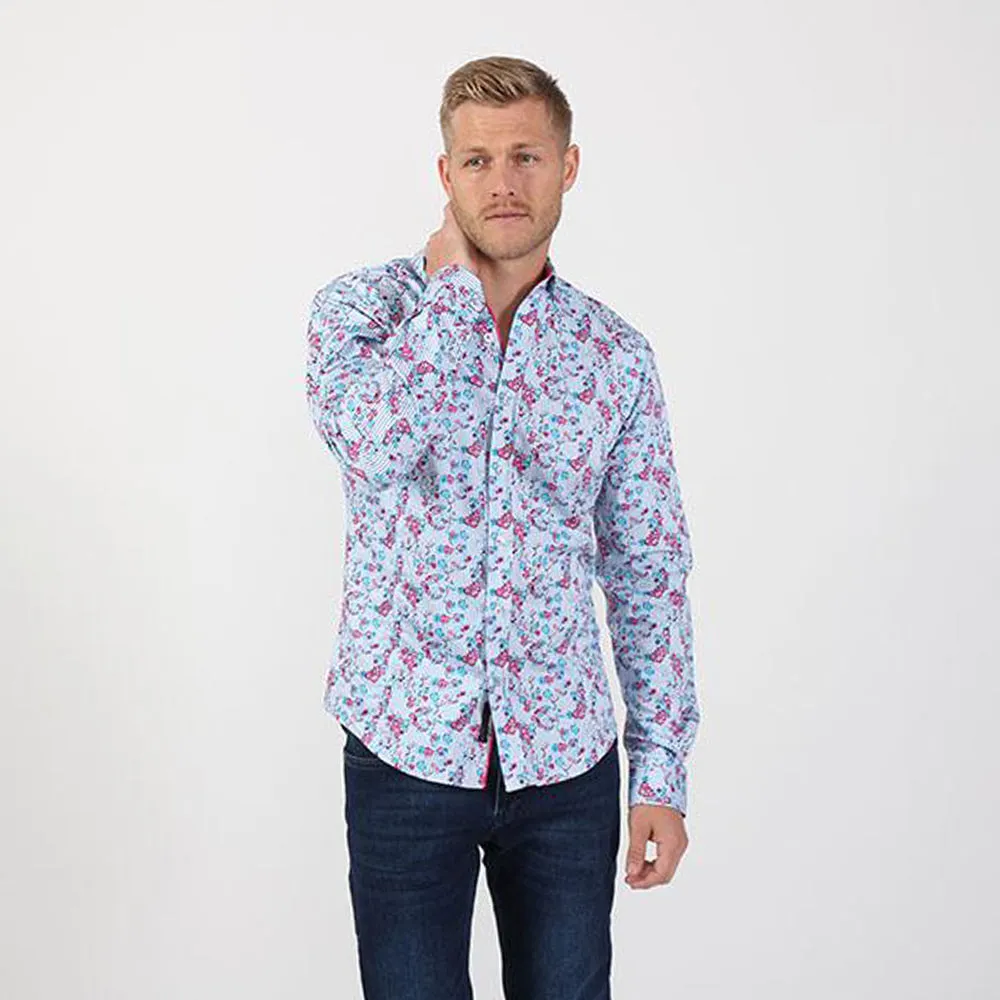 Turquoise Striped Pink Rose Button Down Shirt