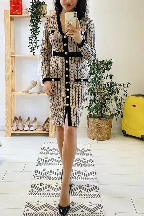 V Neck Long Sleeves Slit Button Dress