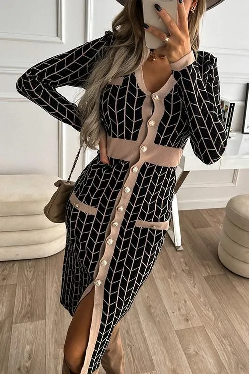 V Neck Long Sleeves Slit Button Dress