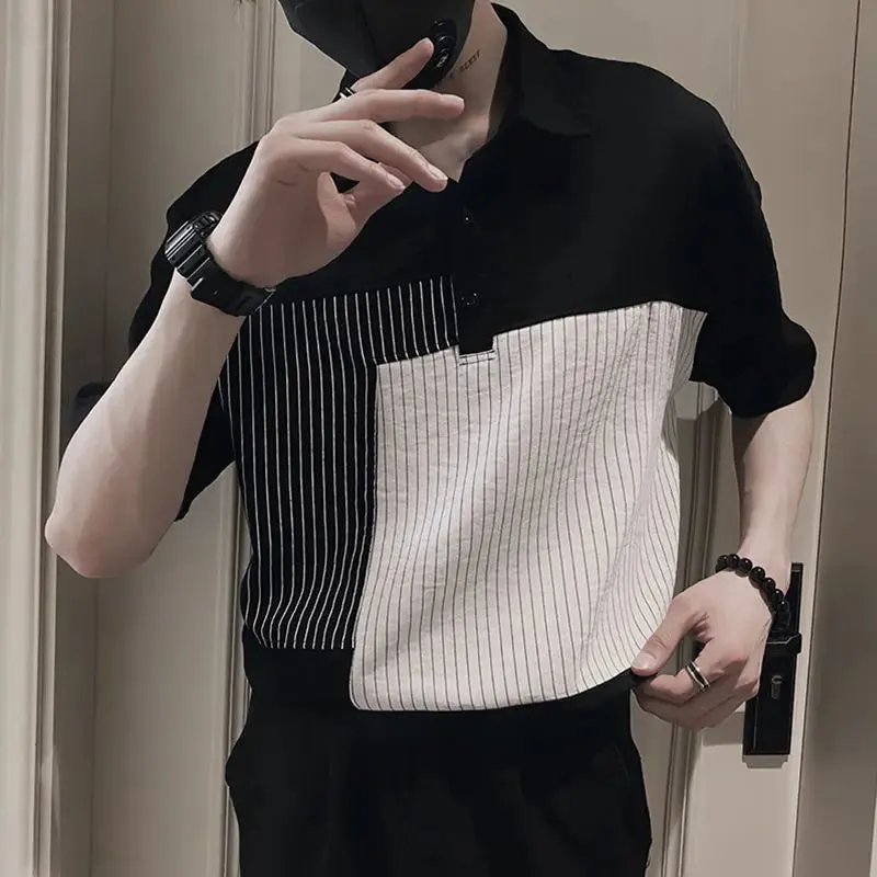 Wiaofellas  -  Fashion Lapel Button Spliced Asymmetrical Striped Polo Shirts Men's Clothing Spring New Loose Korean Tops Casual Tee Shirt