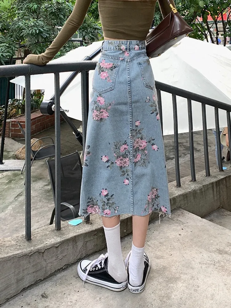 Wjczt Spring And Summer Trendy Flower Split Denim Skirt Women's 5XL Slightly Fat MM Thin Bag Hip Mid-length A-line Skirt