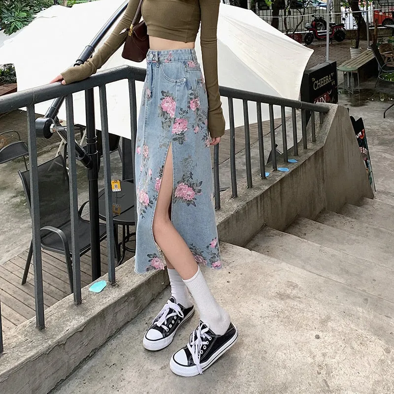 Wjczt Spring And Summer Trendy Flower Split Denim Skirt Women's 5XL Slightly Fat MM Thin Bag Hip Mid-length A-line Skirt