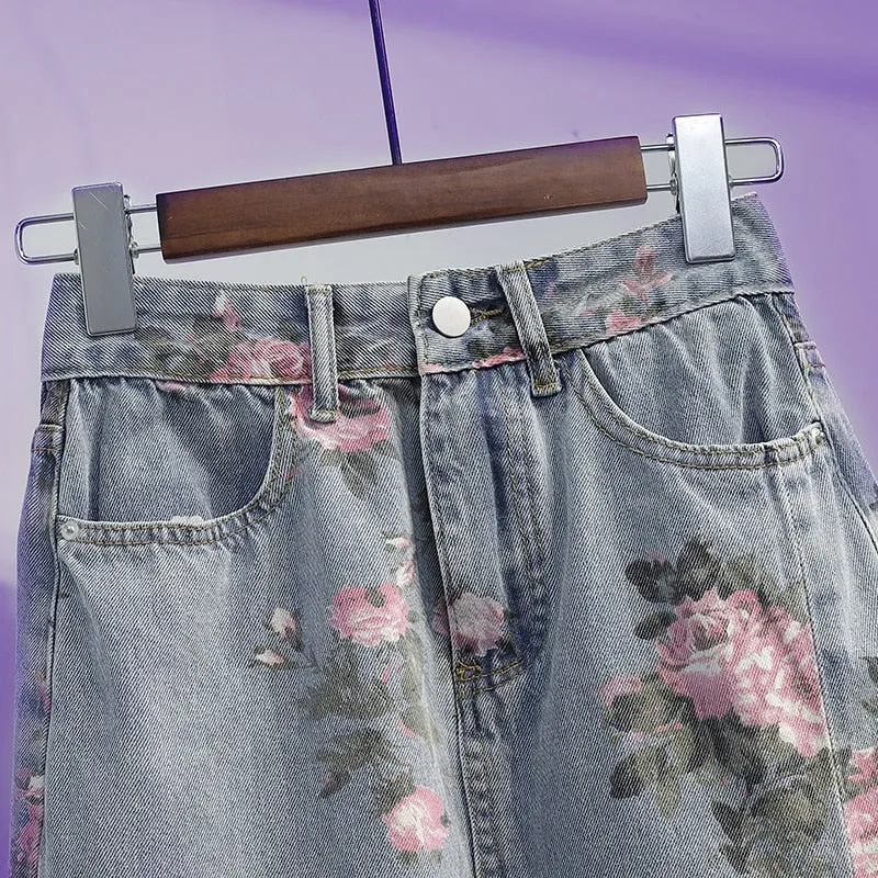 Wjczt Spring And Summer Trendy Flower Split Denim Skirt Women's 5XL Slightly Fat MM Thin Bag Hip Mid-length A-line Skirt