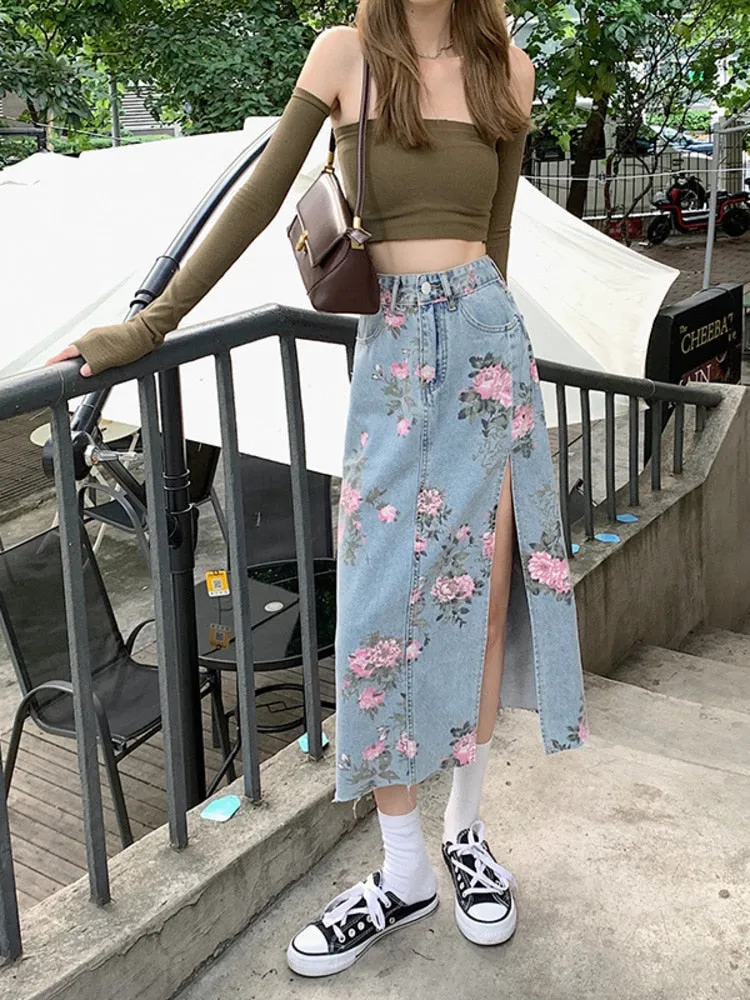 Wjczt Spring And Summer Trendy Flower Split Denim Skirt Women's 5XL Slightly Fat MM Thin Bag Hip Mid-length A-line Skirt