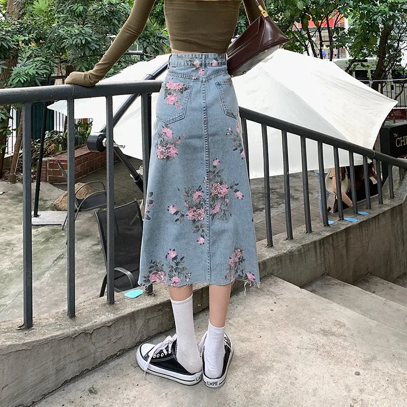 Wjczt Spring And Summer Trendy Flower Split Denim Skirt Women's 5XL Slightly Fat MM Thin Bag Hip Mid-length A-line Skirt