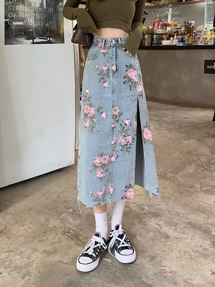 Wjczt Spring And Summer Trendy Flower Split Denim Skirt Women's 5XL Slightly Fat MM Thin Bag Hip Mid-length A-line Skirt