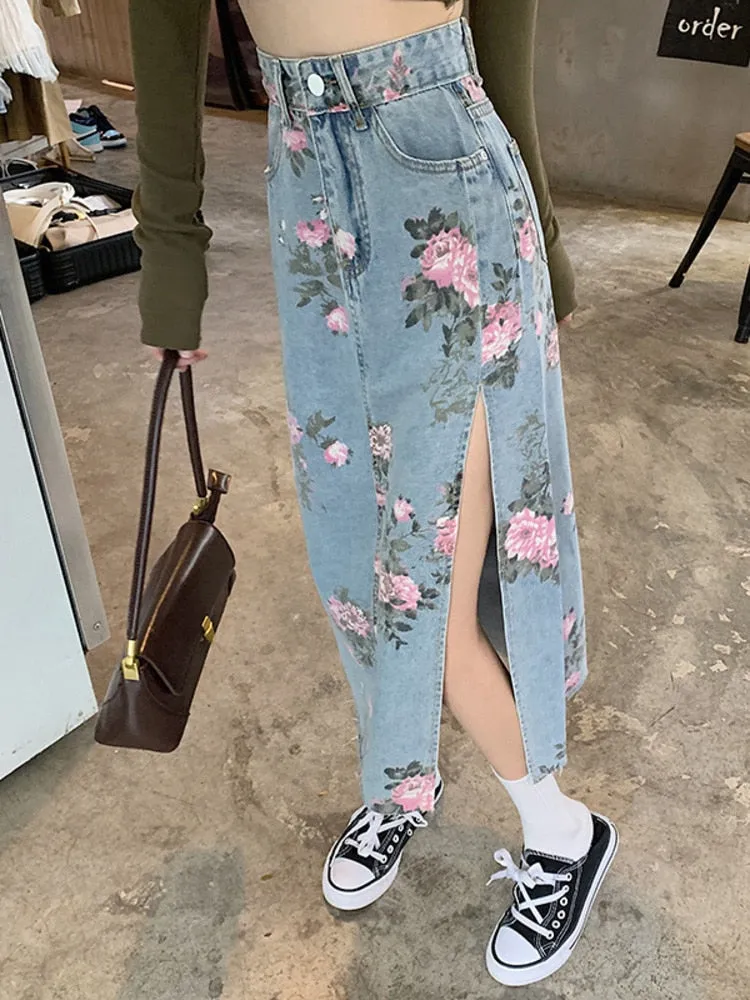 Wjczt Spring And Summer Trendy Flower Split Denim Skirt Women's 5XL Slightly Fat MM Thin Bag Hip Mid-length A-line Skirt