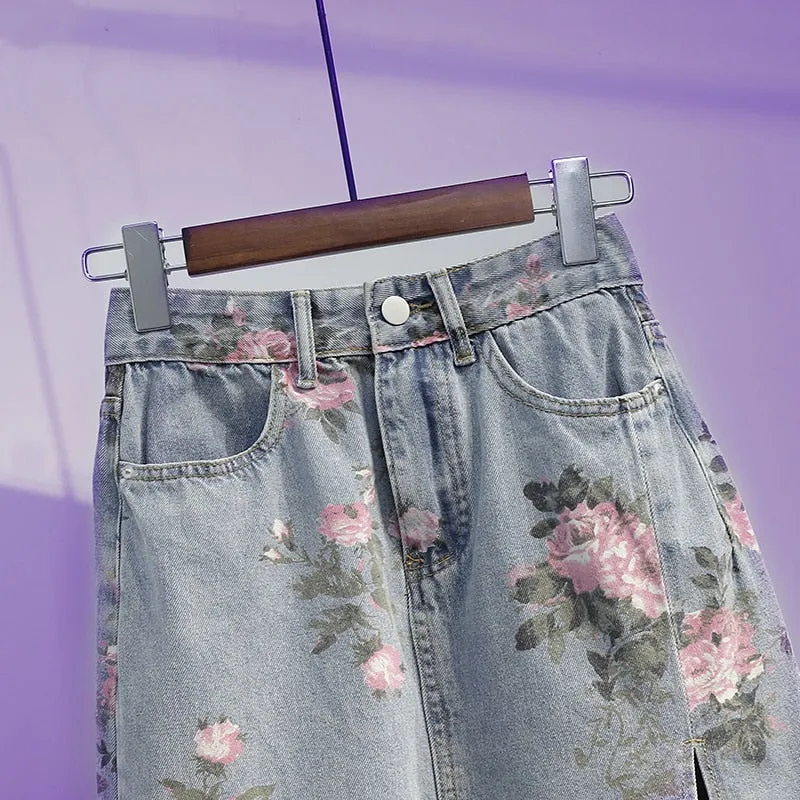 Wjczt Spring And Summer Trendy Flower Split Denim Skirt Women's 5XL Slightly Fat MM Thin Bag Hip Mid-length A-line Skirt