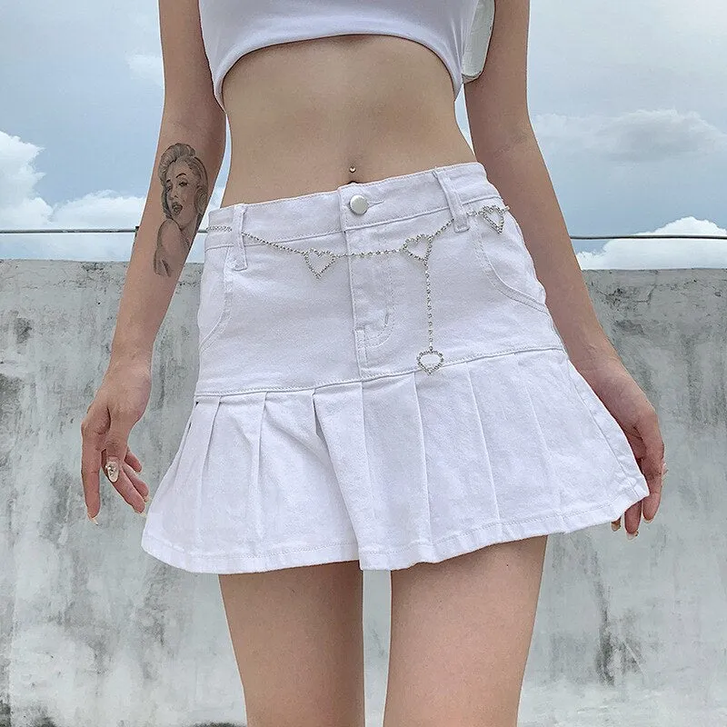 Wjczt Women High Waist Denim Skirt Women Summer Korean Harajuku Ruffles Jeans Skirt Shorts Punk Y2K Mini Pleated Skirt Streetwear