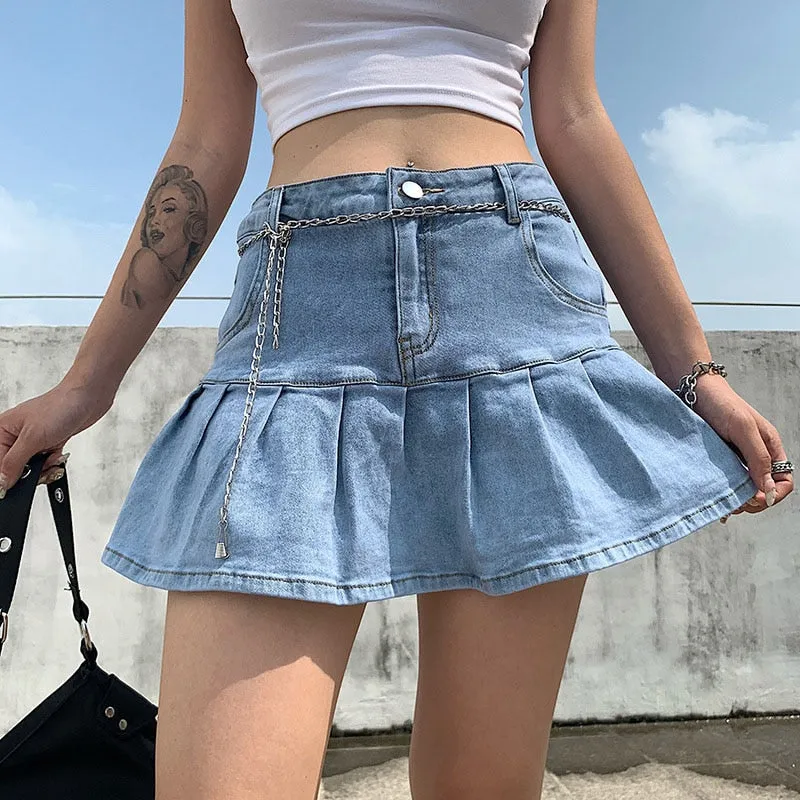 Wjczt Women High Waist Denim Skirt Women Summer Korean Harajuku Ruffles Jeans Skirt Shorts Punk Y2K Mini Pleated Skirt Streetwear