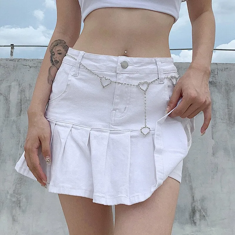 Wjczt Women High Waist Denim Skirt Women Summer Korean Harajuku Ruffles Jeans Skirt Shorts Punk Y2K Mini Pleated Skirt Streetwear