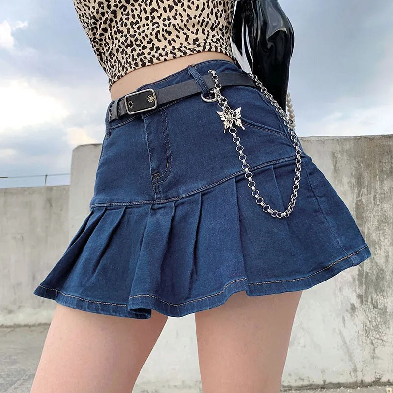 Wjczt Women High Waist Denim Skirt Women Summer Korean Harajuku Ruffles Jeans Skirt Shorts Punk Y2K Mini Pleated Skirt Streetwear