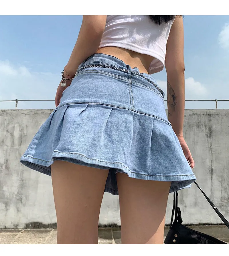 Wjczt Women High Waist Denim Skirt Women Summer Korean Harajuku Ruffles Jeans Skirt Shorts Punk Y2K Mini Pleated Skirt Streetwear