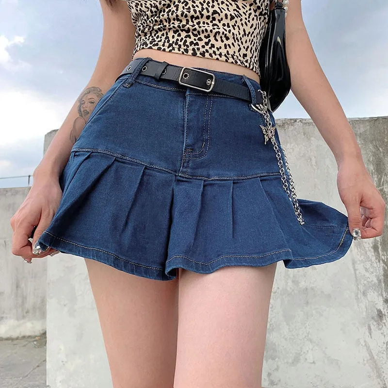 Wjczt Women High Waist Denim Skirt Women Summer Korean Harajuku Ruffles Jeans Skirt Shorts Punk Y2K Mini Pleated Skirt Streetwear