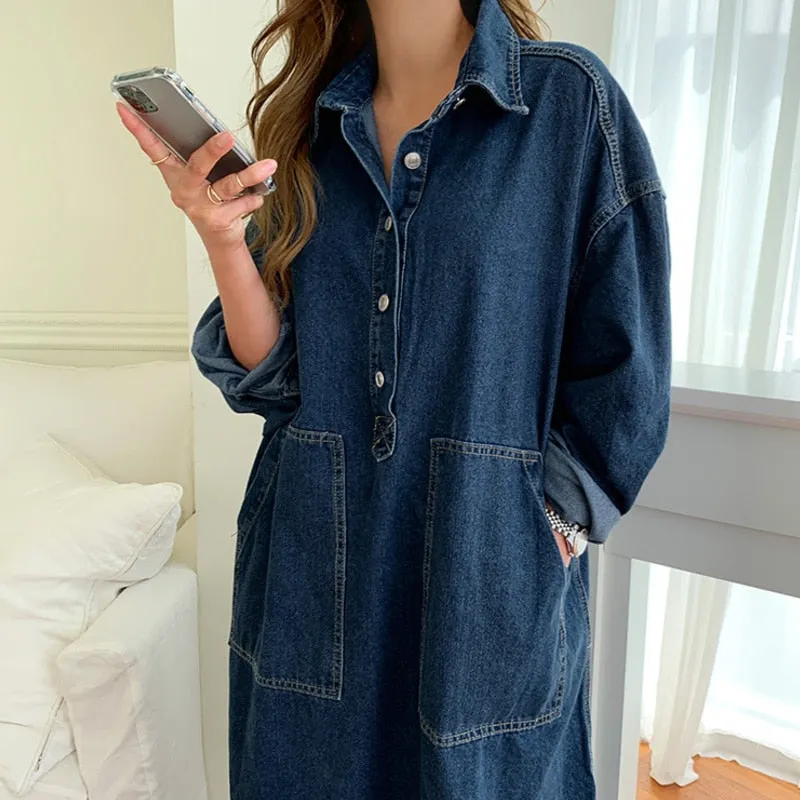 Wjczt Women&#39;s Spring Autumn Casual Denim Shirt Dress Lady Long Sleeve Midi Jeans Vestidos Female Fashion Loose Outerwear Clothings