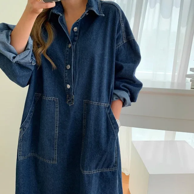 Wjczt Women&#39;s Spring Autumn Casual Denim Shirt Dress Lady Long Sleeve Midi Jeans Vestidos Female Fashion Loose Outerwear Clothings