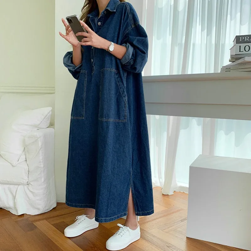 Wjczt Women&#39;s Spring Autumn Casual Denim Shirt Dress Lady Long Sleeve Midi Jeans Vestidos Female Fashion Loose Outerwear Clothings